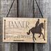 Eventer Barn Decor plaque with eventer canter horse image, Early American wood stain color, and font choice . Hung with a black suede cord